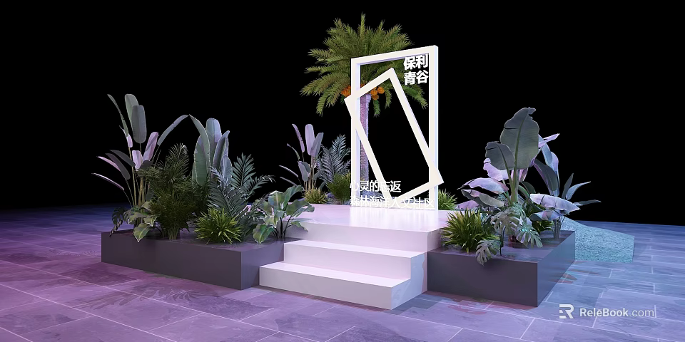 Elegant Floral Art Installation With Green Plants White Frame Steps And Palm Tree 3d model 