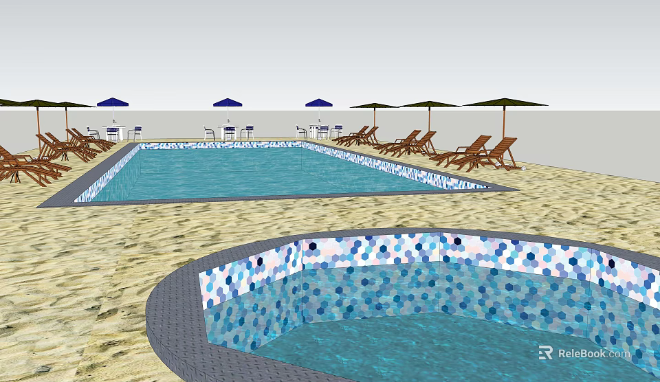 Relaxing Swimming Pool Area With Jacuzzi Beach Chairs Umbrellas And Sandy Ground 3d model 