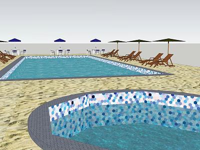 Relaxing Swimming Pool Area With Jacuzzi Beach Chairs Umbrellas And Sandy Ground 3d model