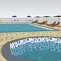Relaxing Swimming Pool Area With Jacuzzi Beach Chairs Umbrellas And Sandy Ground