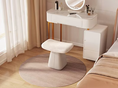 White Padded Stool on Round Rug with Dressing Table in Modern Bedroom 3d model