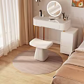 White Padded Stool on Round Rug with Dressing Table in Modern Bedroom