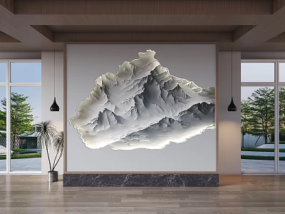 Modern Indoor 3D Mountain Patterned Background Wall With Marble Base And Large Windows 3d model