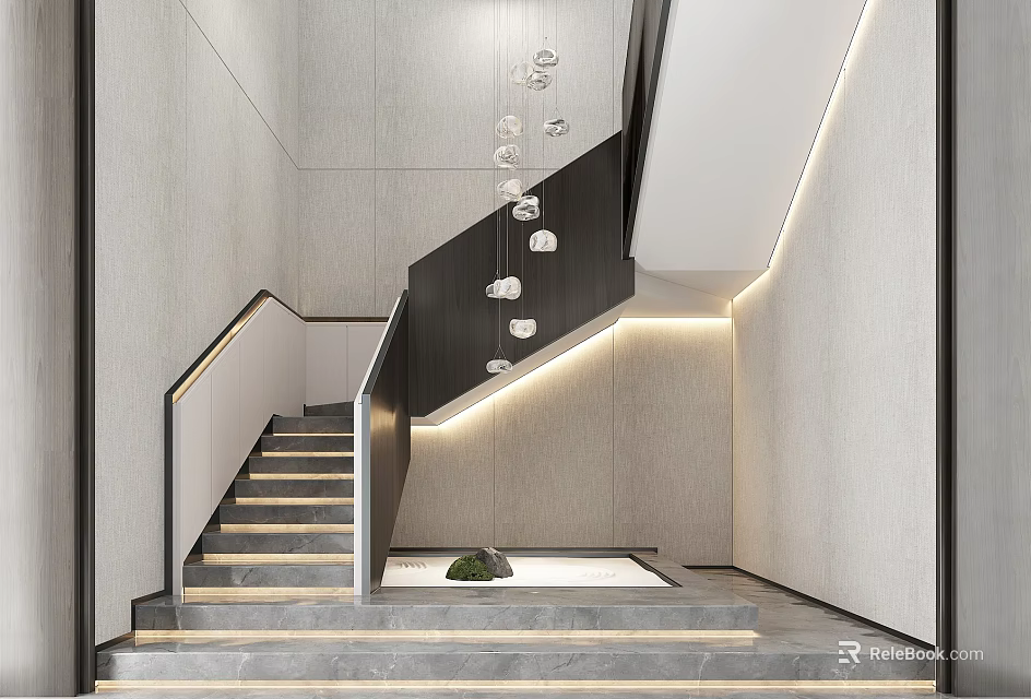Modern Minimalist Staircase with Black Railing Stone Steps and LED Strip Lighting 3d model 