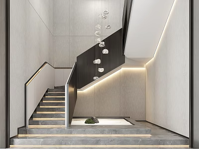Modern Minimalist Staircase with Black Railing Stone Steps and LED Strip Lighting 3d model