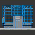 Blue Building Frame Model Of House Structure With Red Door And Foundation Base
