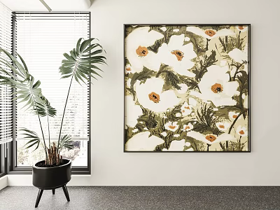 Indoor Wall Decor With Large Floral Plant Painting And Potted Plant 3d model
