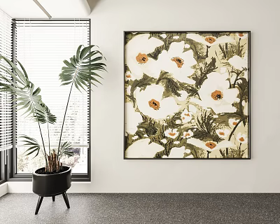 Indoor Wall Decor With Large Floral Plant Painting And Potted Plant 3d model