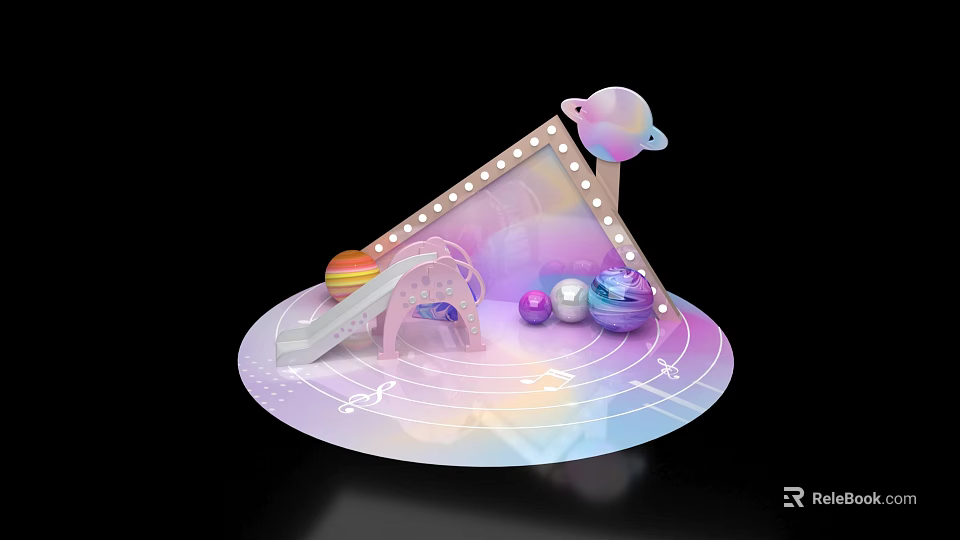 Colorful Play Set With Triangle Frame Light Bulbs Planets Slide And Rainbow Background 3d model