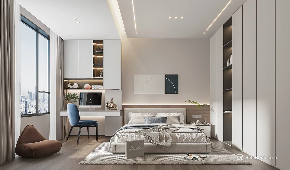 Modern Bedroom Interior Design With Large Windows Bed Desk Blue Chair And Wall Art 3d model 