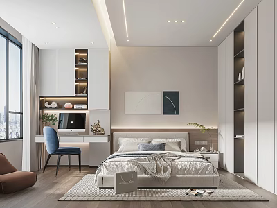 Modern Bedroom Interior Design With Large Windows Bed Desk Blue Chair And Wall Art 3d model