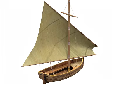 Traditional Wooden Sailing Boat With Beige Canvas Sail Mast And Detailed Hull 3d model
