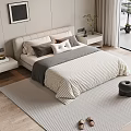 Modern Bedroom Double Bed With Beige Headboard Grey White Quilt Wooden Floor Large Window Beige Chair