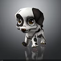 Cartoon Dog 3D Model With Black And White Spots Large Eyes On Reflective Dark Background