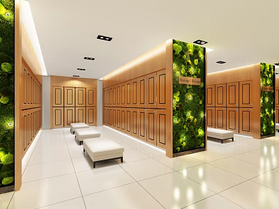 Bright Modern Corridor With Wooden Lockers Green Plant Wall White Benches And Ceiling Lights 3d model