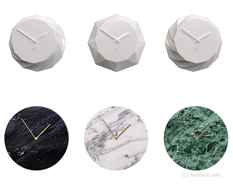 Modern Geometric And Circular Clocks With White Black Green Marble Texture Design 3d model 