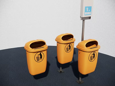 Three Yellow Trash Bins With Waste Disposal Sign On Metal Pole 3d model