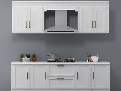 White Upper And Lower Kitchen Cabinets With Range Hood Stovetop And Potted Plants 3d model