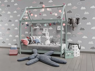 Light Green House Shaped Children's Bed With String Lights Stars And Cloud Patterned Wall 3d model