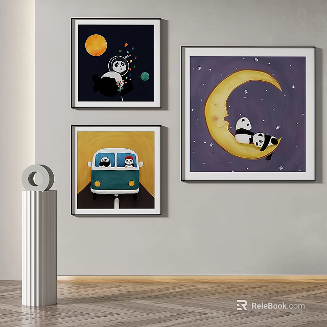 Abstract Paintings With Pandas Moon Bus And Starry Design Elements 3d model