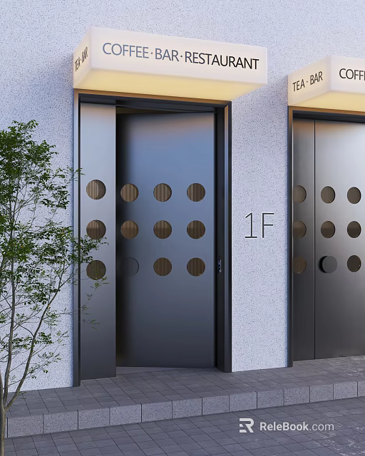 Modern Storefront Design With Gray Doors And Circular Holes 1st Floor Entrance With Green Plant 3d model 