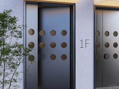 Modern Storefront Design With Gray Doors And Circular Holes 1st Floor Entrance With Green Plant 3d model