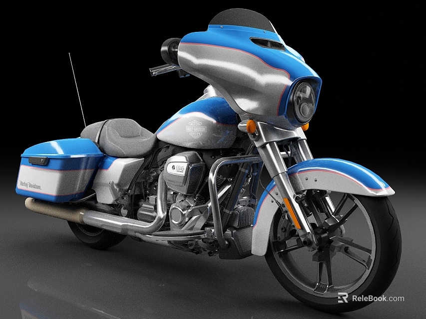 Blue And White Motorcycle With Sleek Design Headlight And Saddlebags 3d model 