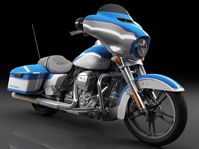 Blue And White Motorcycle With Sleek Design Headlight And Saddlebags 3d model