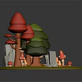 Cartoon Forest Scene featuring green trees red mushroom trees white stones and red spotted mushrooms