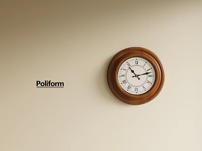 Round Wooden Wall Mounted Clock with Roman Numerals on Poliform Light Colored Wall 3d model