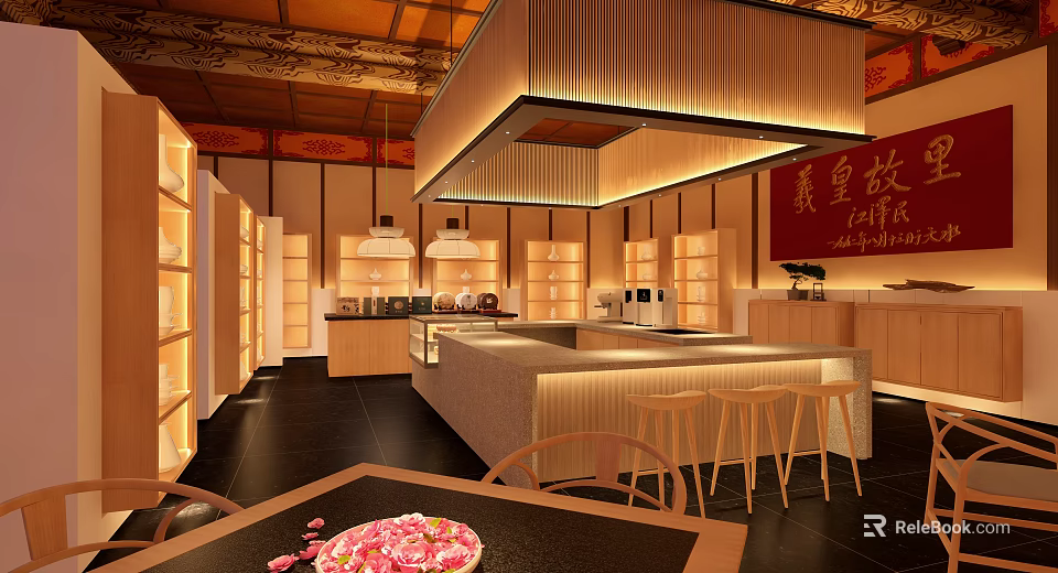 Elegant Chinese Style Specialty Store Interior With Wooden Shelves Counter Pendant Lights And Red Banner 3d model 