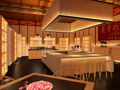 Elegant Chinese Style Specialty Store Interior With Wooden Shelves Counter Pendant Lights And Red Banner 3d model