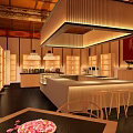 Elegant Chinese Style Specialty Store Interior With Wooden Shelves Counter Pendant Lights And Red Banner