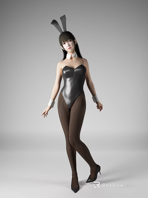 A Woman Wearing Black Corset Bodysuit Brown Striped Stockings With White Collar Against Gray Background 3d model 