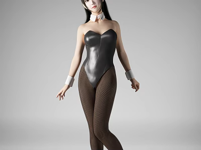 A Woman Wearing Black Corset Bodysuit Brown Striped Stockings With White Collar Against Gray Background 3d model