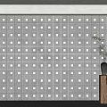 Luminous Grid Background Wall with Illuminated Squares Wooden Pedestal Black Vase and Green Plant