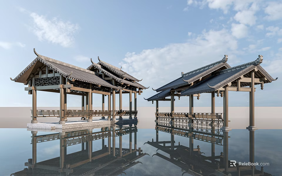 Traditional Chinese Landscape Pavilions With Wooden Structures Pagoda Roofs And Water Reflections 3d model 