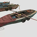 Vintage Wooden Boats With Blue Brown Red Hulls Canvas Covers Oars And Life Rings
