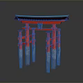 Traditional Red Torii Gate With Blue Roof And Gray Pillars