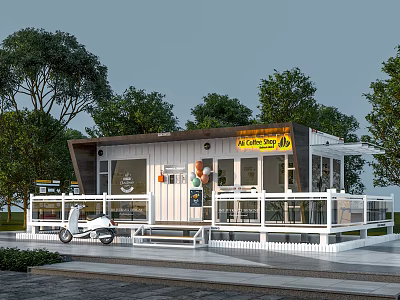 Modern Container Building Coffee Tea Shop With Outdoor Space White Railings Trees And Motorcycle 3d model