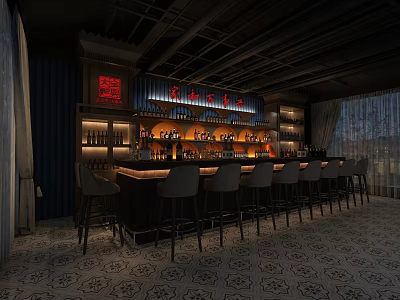 Stylish Bar Interior With Karaoke Neon Sign Counter Stools Shelves And Patterned Tiles 3d model