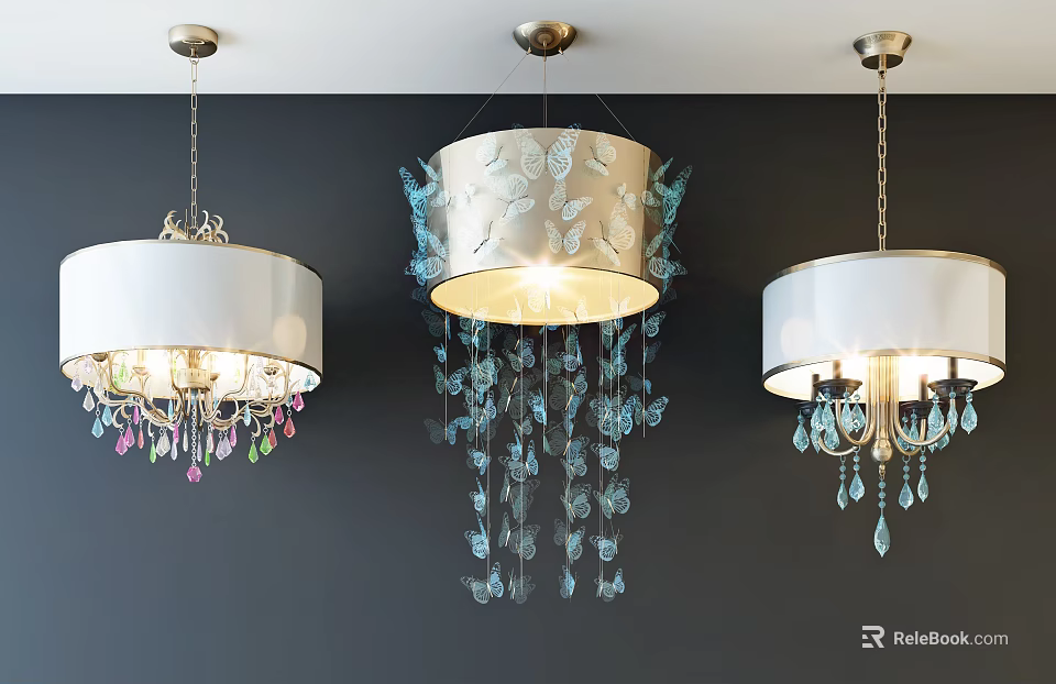 Elegant Decorative Chandeliers With Butterfly Accents Crystal Pendants White Shades And Illuminated Blue Details 3d model 