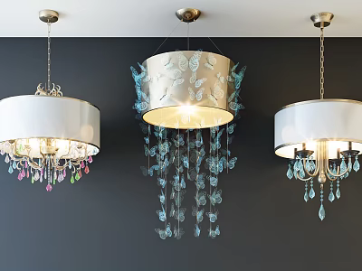 Elegant Decorative Chandeliers With Butterfly Accents Crystal Pendants White Shades And Illuminated Blue Details 3d model