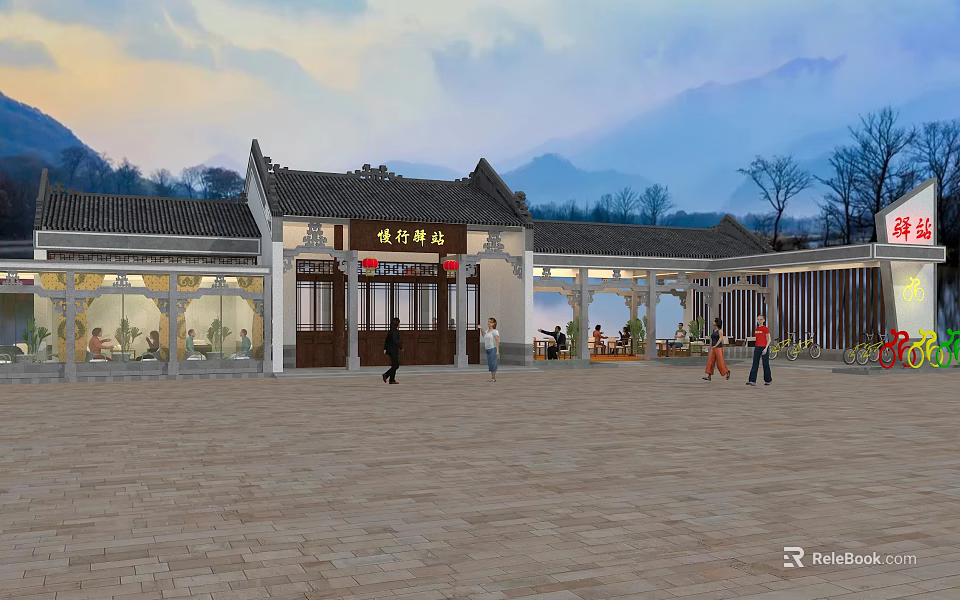 Traditional Chinese Post Station Architecture With Mountain View Plaza And People Gathering 3d model 