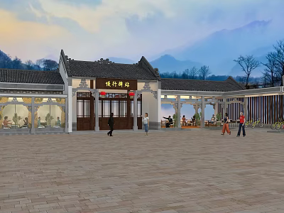Traditional Chinese Post Station Architecture With Mountain View Plaza And People Gathering 3d model