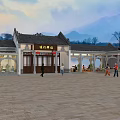 Traditional Chinese Post Station Architecture With Mountain View Plaza And People Gathering
