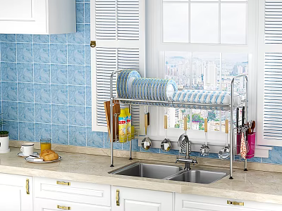 Kitchenware in Modern Kitchen with Blue Tiled Backsplash White Shutters Window Dish Rack and Sink 3d model