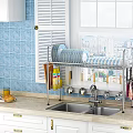 Kitchenware in Modern Kitchen with Blue Tiled Backsplash White Shutters Window Dish Rack and Sink 3d model