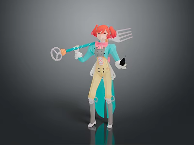Game Movie Character With Red Hair Blue Coat Holding Fork Weapon Design 3d model