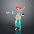 Game Movie Character With Red Hair Blue Coat Holding Fork Weapon Design